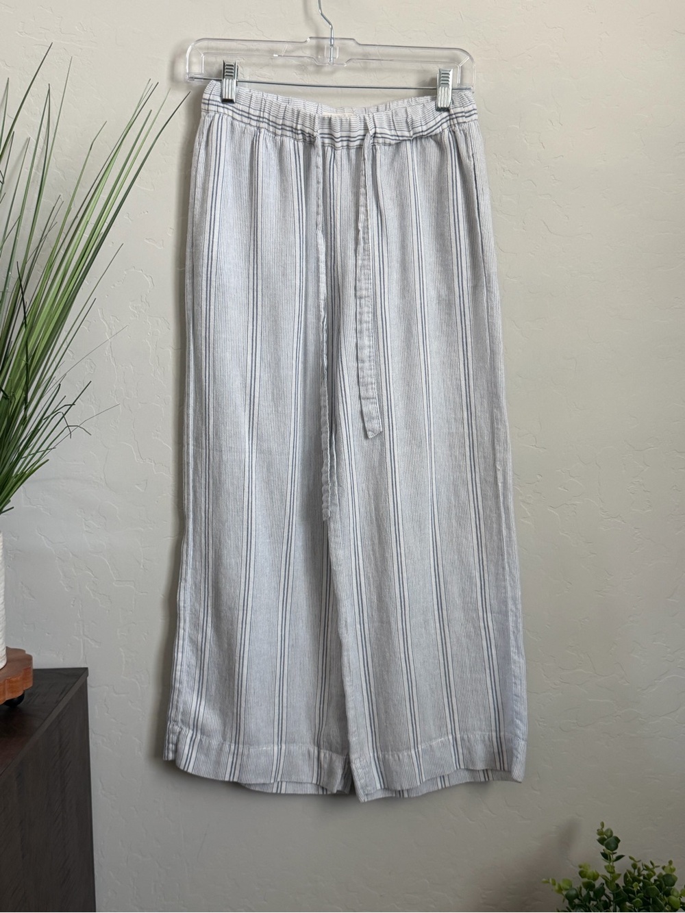 Marine Layer Linen TENCEL Wide Leg Crop Pants XS Blue Stripe